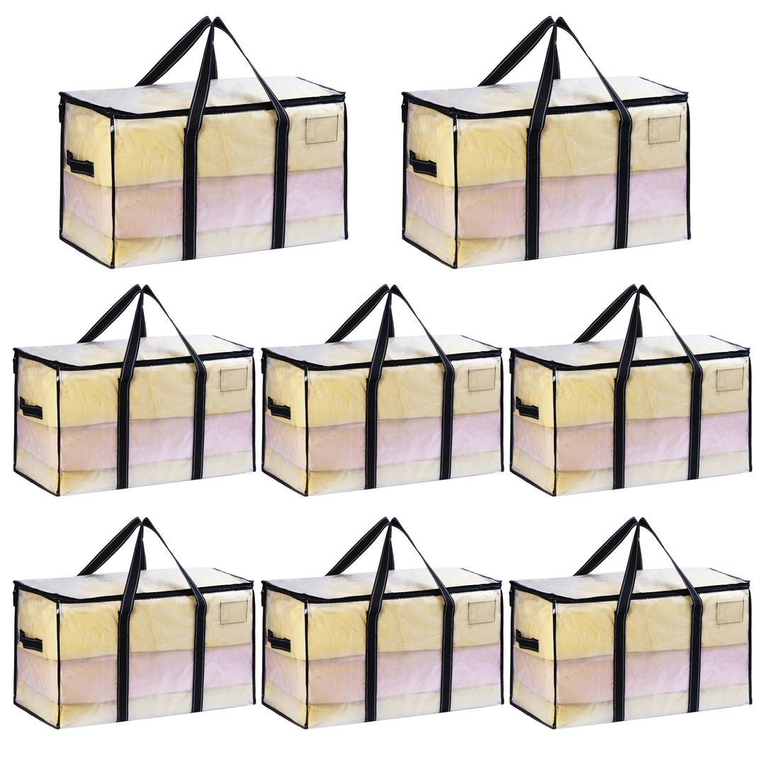 VENO8 Pack Moving Bags, Moving Supplies, Moving Boxes, College Packing Storage Boxes with Lids Alternative, Dorm Space Saving Foldable Heavy-Duty Large Tote with Window, Zipper (Clear, 8 Pack)