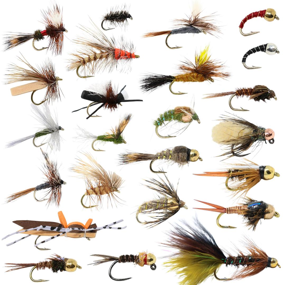 24 Fly Fishing Flies Assortment for Trout | 2 Dozen Fly Fishing Flies Kit | Dry Flies, Nymph, Wet, Streamers, Wooly Bugger Flies | Trout Lure Set Kit