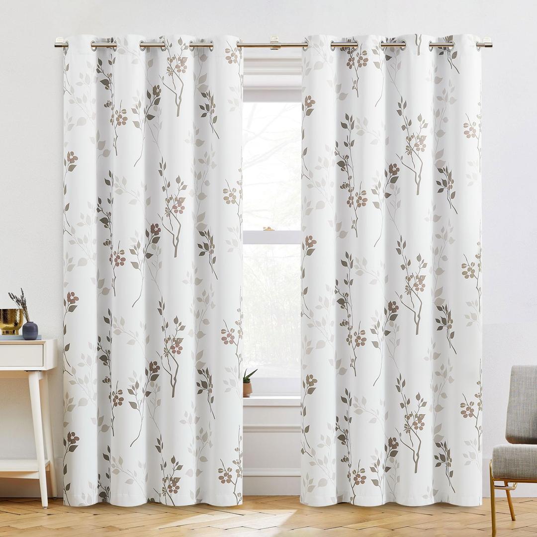 Beauoop Floral Blackout Window Curtain Panels Full Room Darkening Thermal Insulated Noise Reducing Drapes for Bedroom/Living Room Leaf Grommet Top Window Treatment, Set of 2, 52W x 84L,White/Tan/Brown