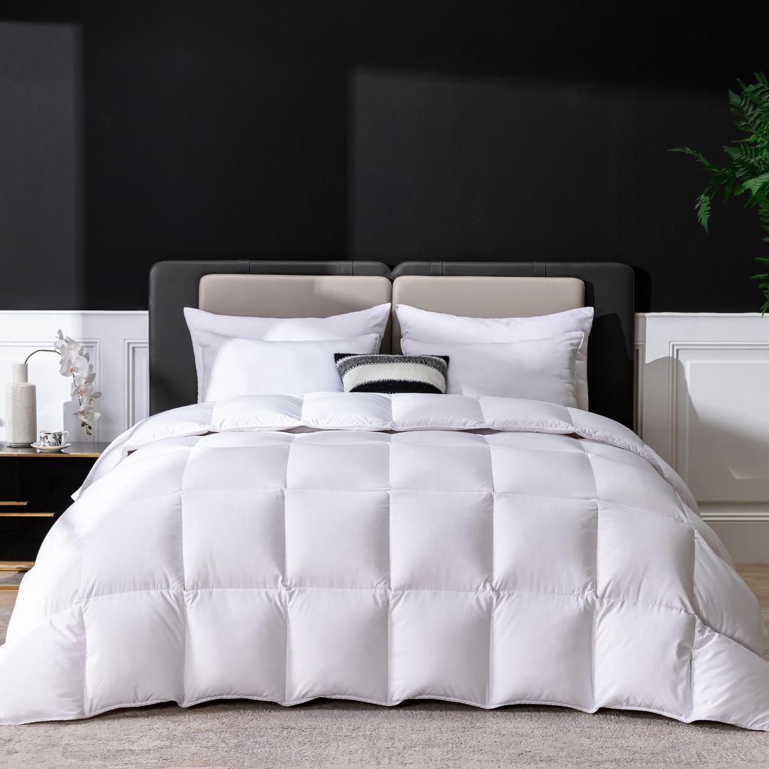 Luxury Goose Feathers Down Comforter King Size, 750 FP Fluffy All Season Duvet Insert King, Ultra-Soft Hotel Bedding Comforter with Sorona Fill (White, 106x90 Inches)