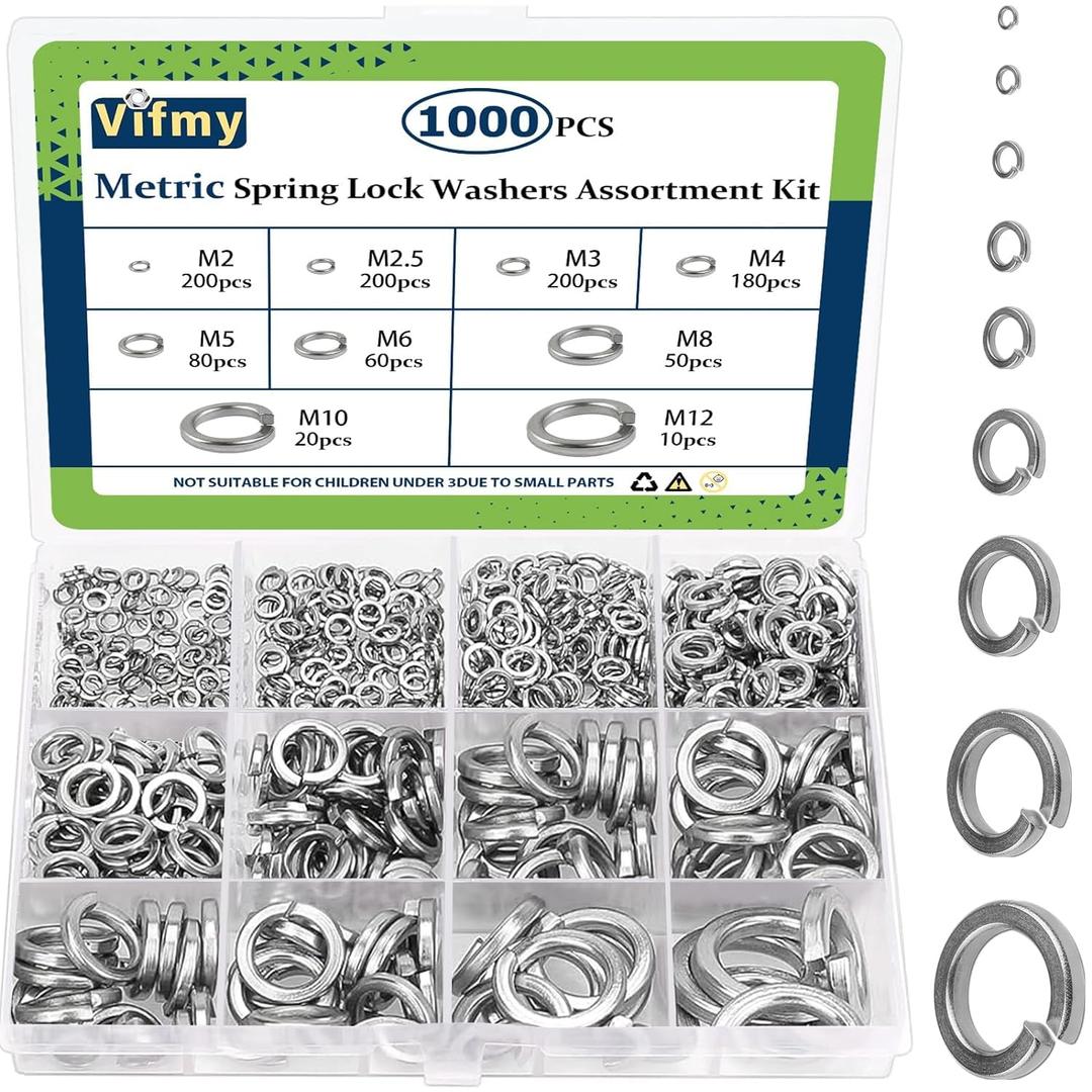 Spring Lock Washers Assortment Kit(1000 Pack), M2 M2.5 M3 M4 M5 M6 M8 M10 M12 Metric Split Lock Washer Set,304 Stainless Steel Lock Washers for Screws Bolts