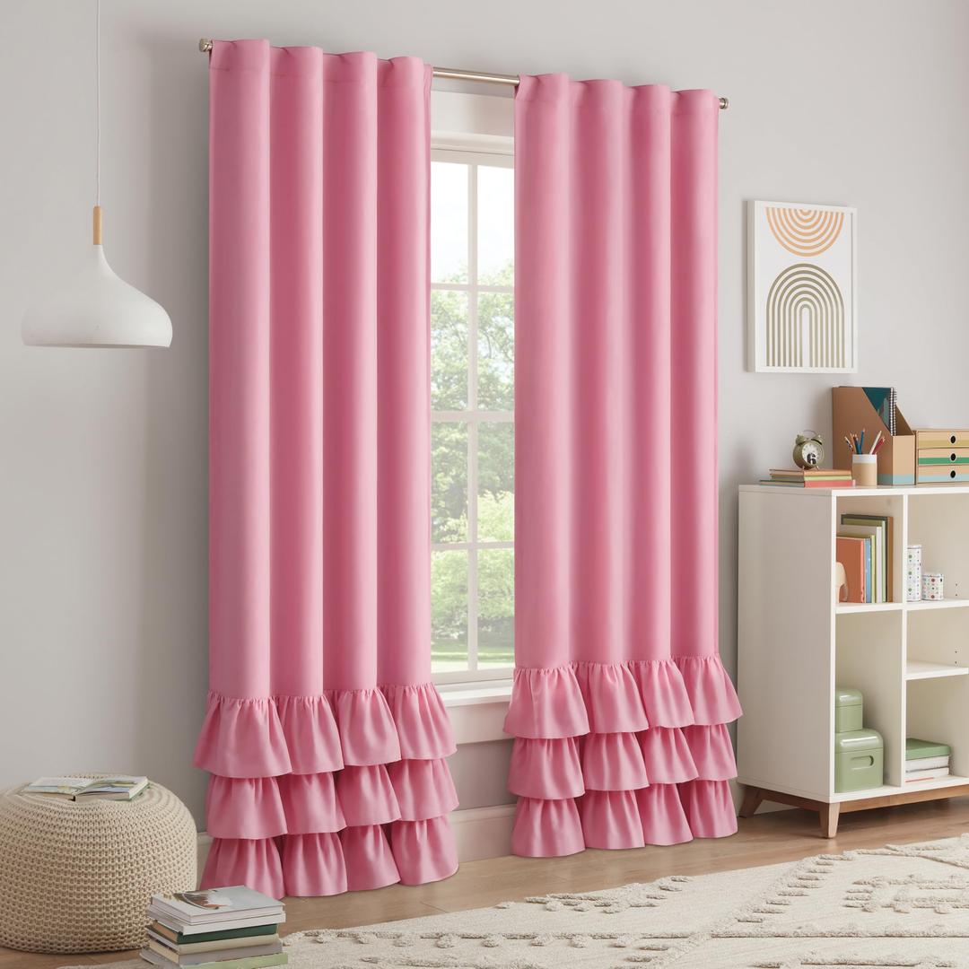 Eclipse Blackout Curtain, Tiered Ruffle Kids Curtain, 84 in x 40 in, Thermaback 100% Blackout Curtain with Rod Pocket Header, Curtain for Kids Room or Playroom, 1 Window Curtain, Pink