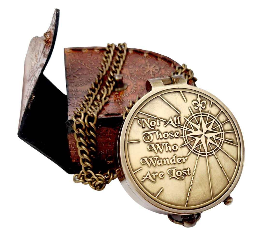 Nagina International Brass Compass - Not All Those Who Wander are Lost, Portable, with Leather Case