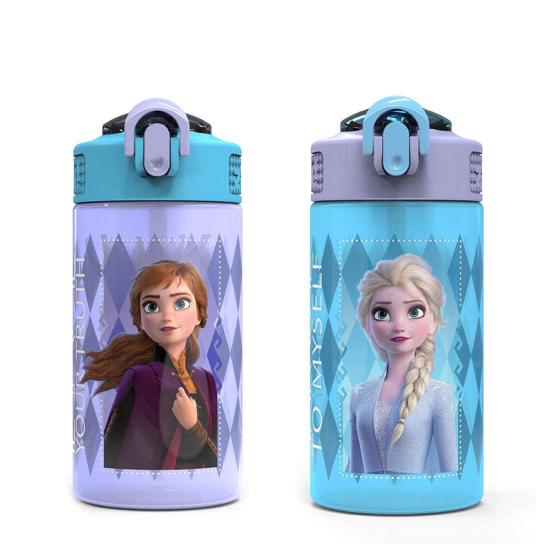 Zak Designs Disney Frozen 2 Kids Water Bottle Set with Reusable Straws and Built in Carrying Loops, Made of Plastic, Leak-Proof Designs 16 oz, BPA-Free, 2pc Set, Elsa & Anna (Frozen 2)