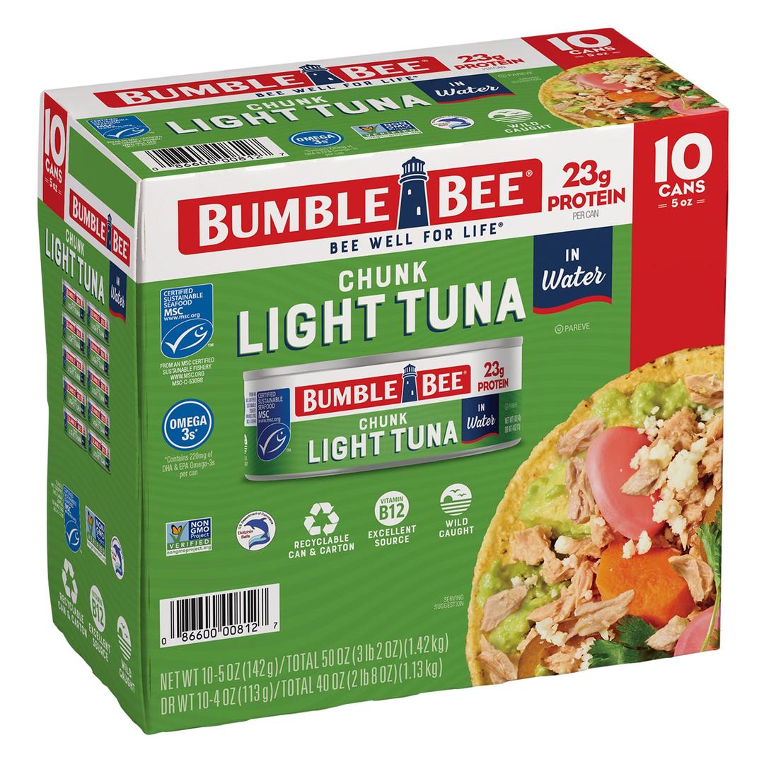 Bumble Bee Chunk Light Tuna In Water, 5 oz Cans (Pack of 10) - Wild Caught Skipjack Tuna - 23g Protein Per Serving - MSC Certified Sustainable Seafood, Non-GMO, Gluten Free, Kosher