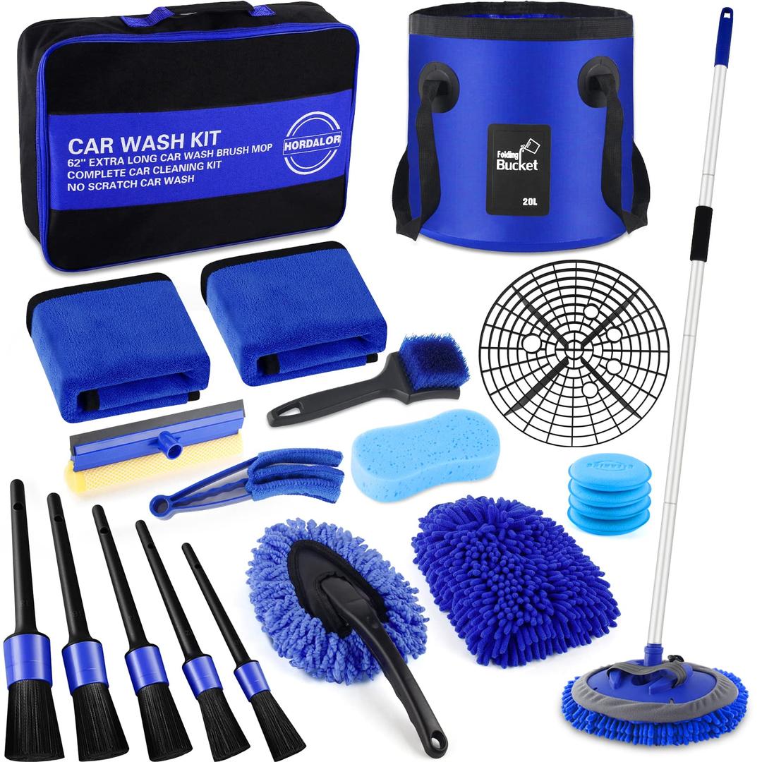 HORDALOR 21Pcs Car Wash Kit,62" Car Wash Brush Mop with Long Handle,Car Cleaning Kit,Car Detailing Brush Set,Car Wash Bucket with Dirt Trap,Windshield Window Squeegee for Cars RV Truck Boat