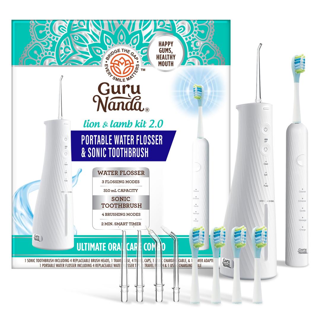 GuruNanda Lion & Lamb Kit 2.0, Electric Toothbrush with Water Flosser Combo, 4 Jet Tips, 4 Brush Heads, & IPX7 Waterproof Design for Complete Oral Care, White