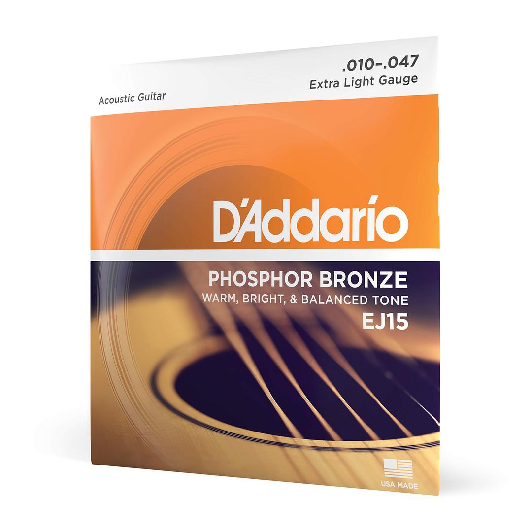 D'AddarioGuitar Strings - Phosphor Bronze Acoustic EJ15 Rich, Full Tonal Spectrum For 6 String Guitars 10-47 Extra Light