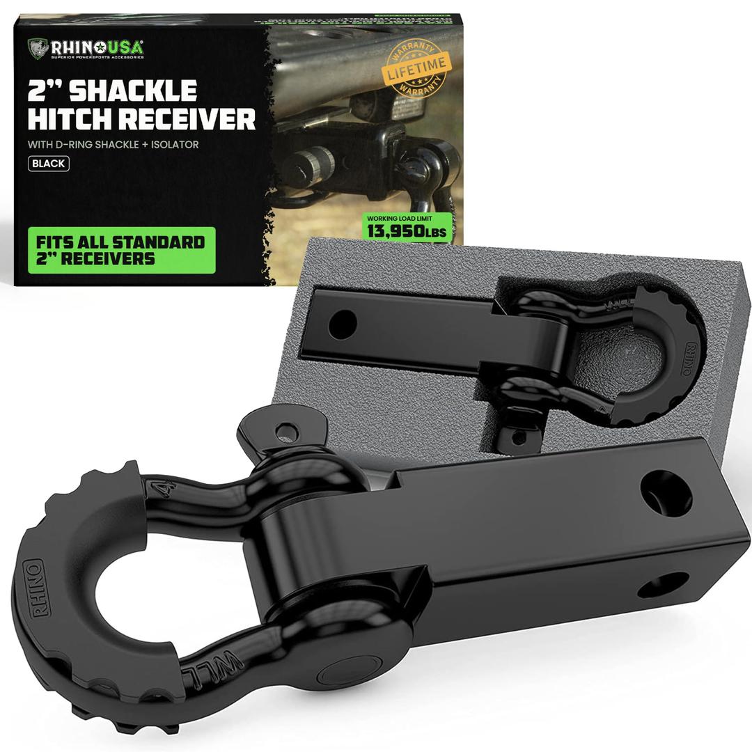 Rhino USA Shackle Hitch Receiver (Fits 2" Receivers) Best Towing Accessories for Trucks, Jeep, Toyota & More - Connect Your Rhino Tow Strap for Vehicle Recovery, Mounts to 2" Receiver Hitches