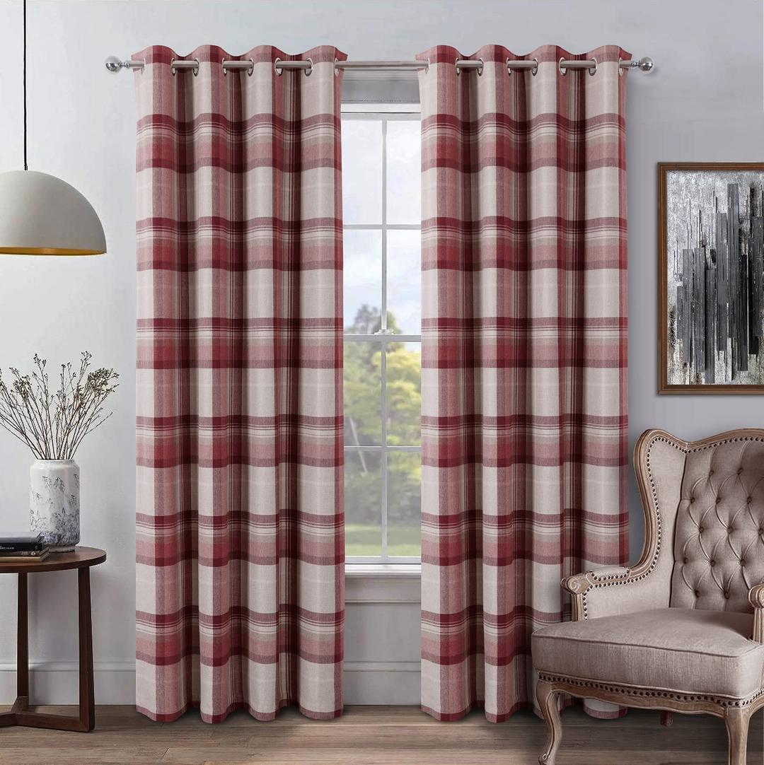 always4u Red Check Curtains Plaid Farmhouse Window Curtains Highland Woolen Look Grommet Drapes for Living Room Bedroom 2 Panels 54 * 84 Inches