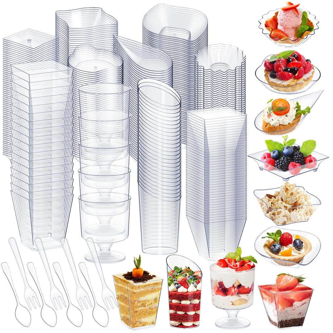 Tessco 1600 Pcs Mini Dessert Cups with Spoons Forks 600 Plastic Mini Appetizer Plates 200 Appetizer Cups 400 Spoons 400 Forks Shooter Cups Dessert Bowls Parfait Containers for Party (Clear)