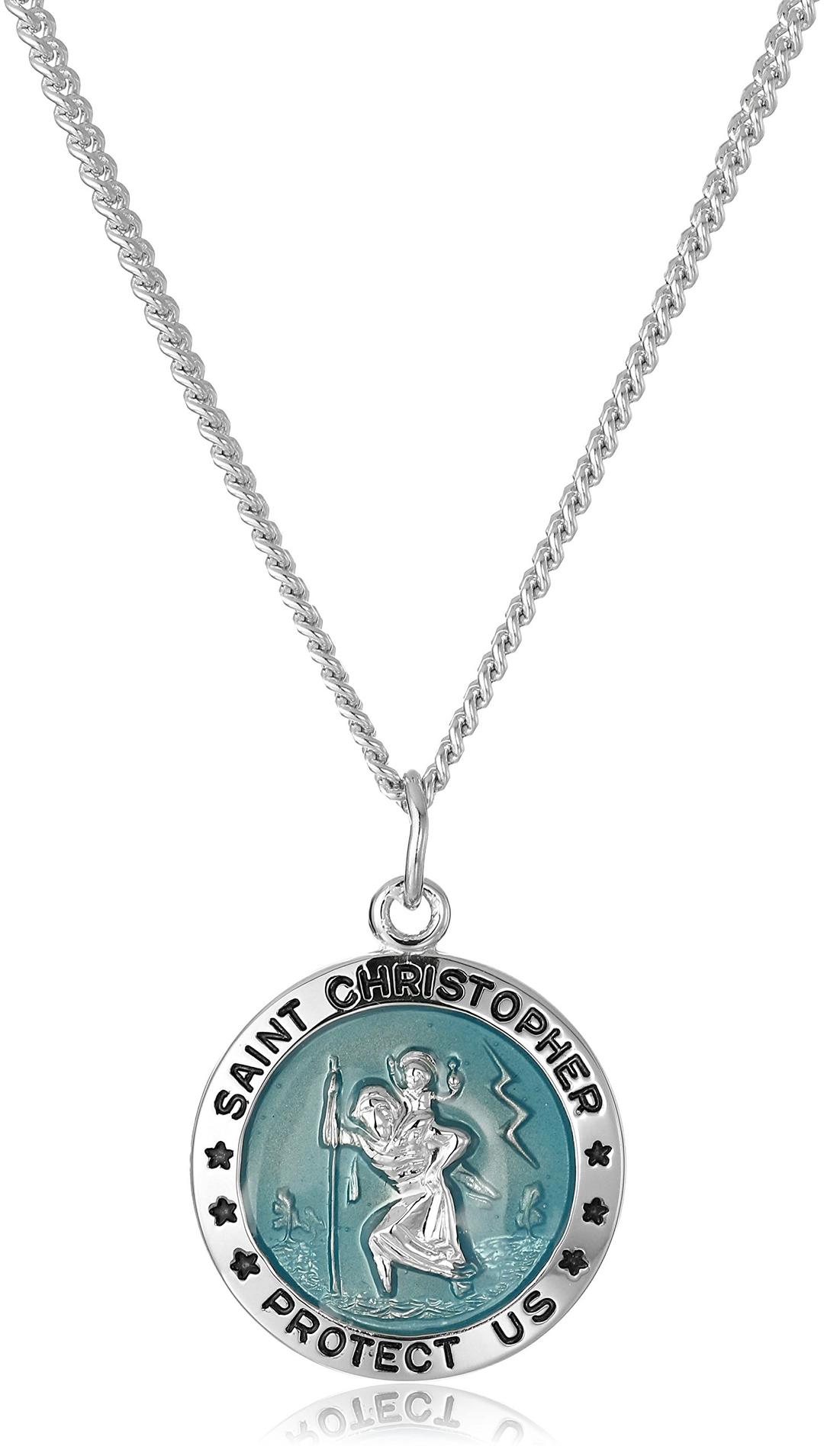 Amazon EssentialsMen's Sterling Silver Round St. Christopher Pendant with Blue Background and Rhodium Plated Stainless Steel Chain, 20" (previously Amazon Collection)