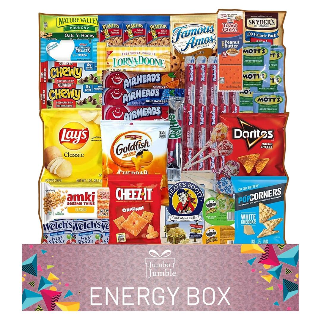 Jumbo Jumble Snack Box (45 Count) Gift Care Package Snacks Variety Pack for Adults Teens Kids Men Women School College Office Birthday (Energy Set)