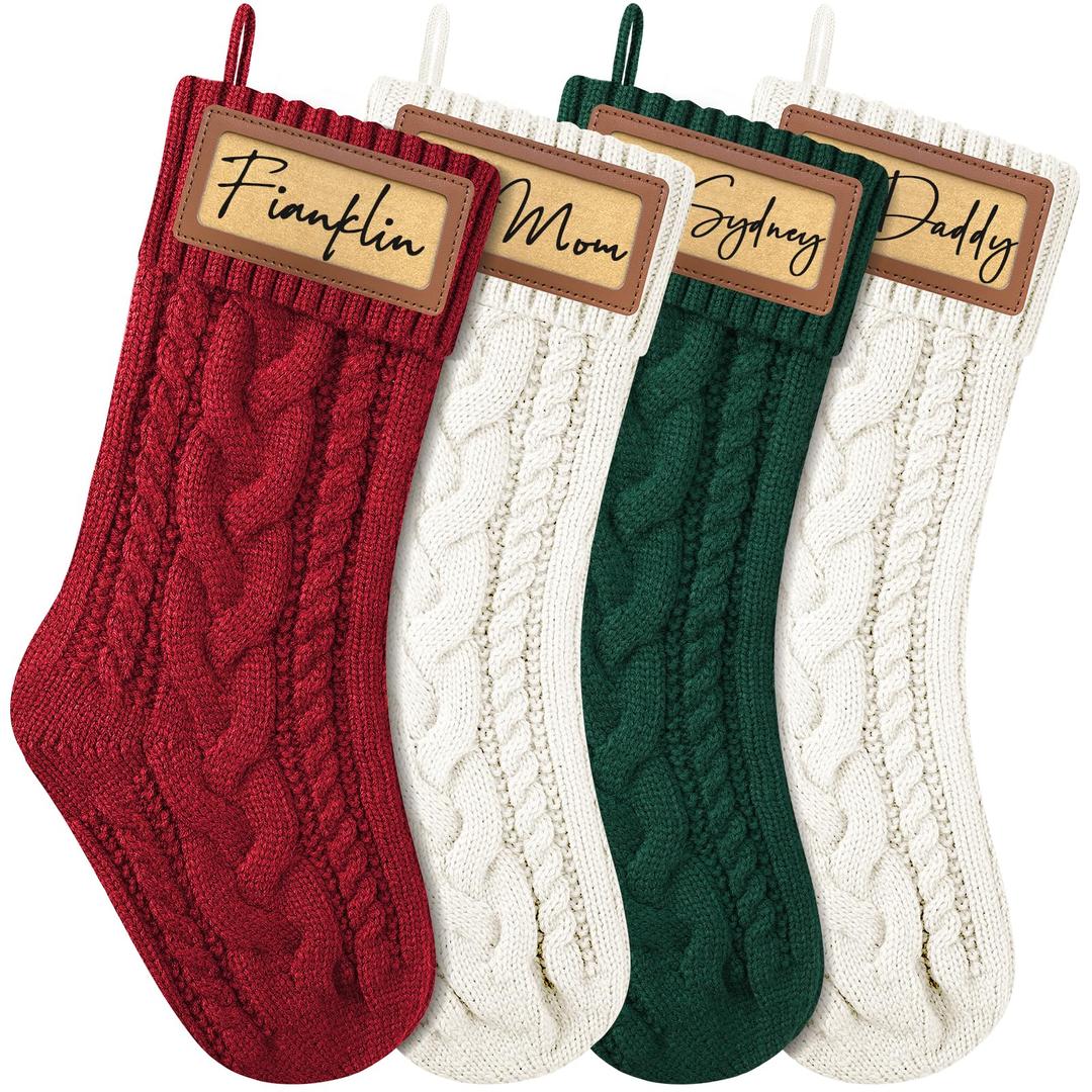 4 Pack Personalized Christmas Stocking with Leather Patches Custom Name Family Christmas Stockings, 18.5” Large Knitted Xmas Stockings for Kids, Holiday and Fireplace Party Decoration (Green)