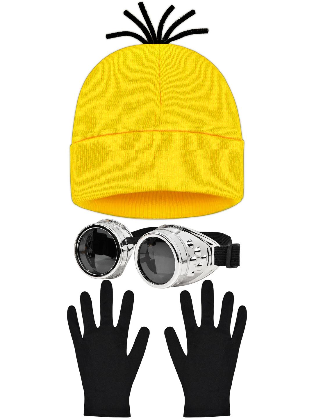 itswordpiz3Pcs Halloween Costume Accessories, Yellow Beanie Steampunk Goggles Round Glasses & Black Gloves Set for Men Women, Yellow Knit Hat Adult Halloween Cosplay Costume Party Supplies