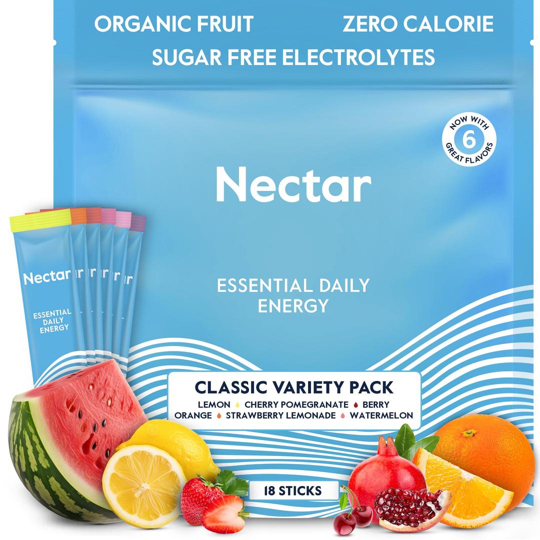 Nectar Energy Booster - Organic Caffeine, B12 & Electrolytes - Sugar Free & Zero Calorie – Healthy Coffee, Energy Drink & Soda Alternative – Hydration & Energy Supplement (Variety 18 Powder Packets)