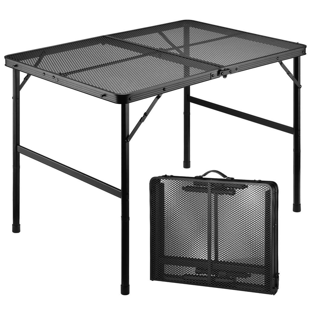 Camping Table, 3 ft Folding Grill Table with Mesh Desktop, Anti-Slip Feet, Height Adjustable, Lightweight & Portable Aluminum Outdoor Table for Camping, Picnic, RV, BBQ