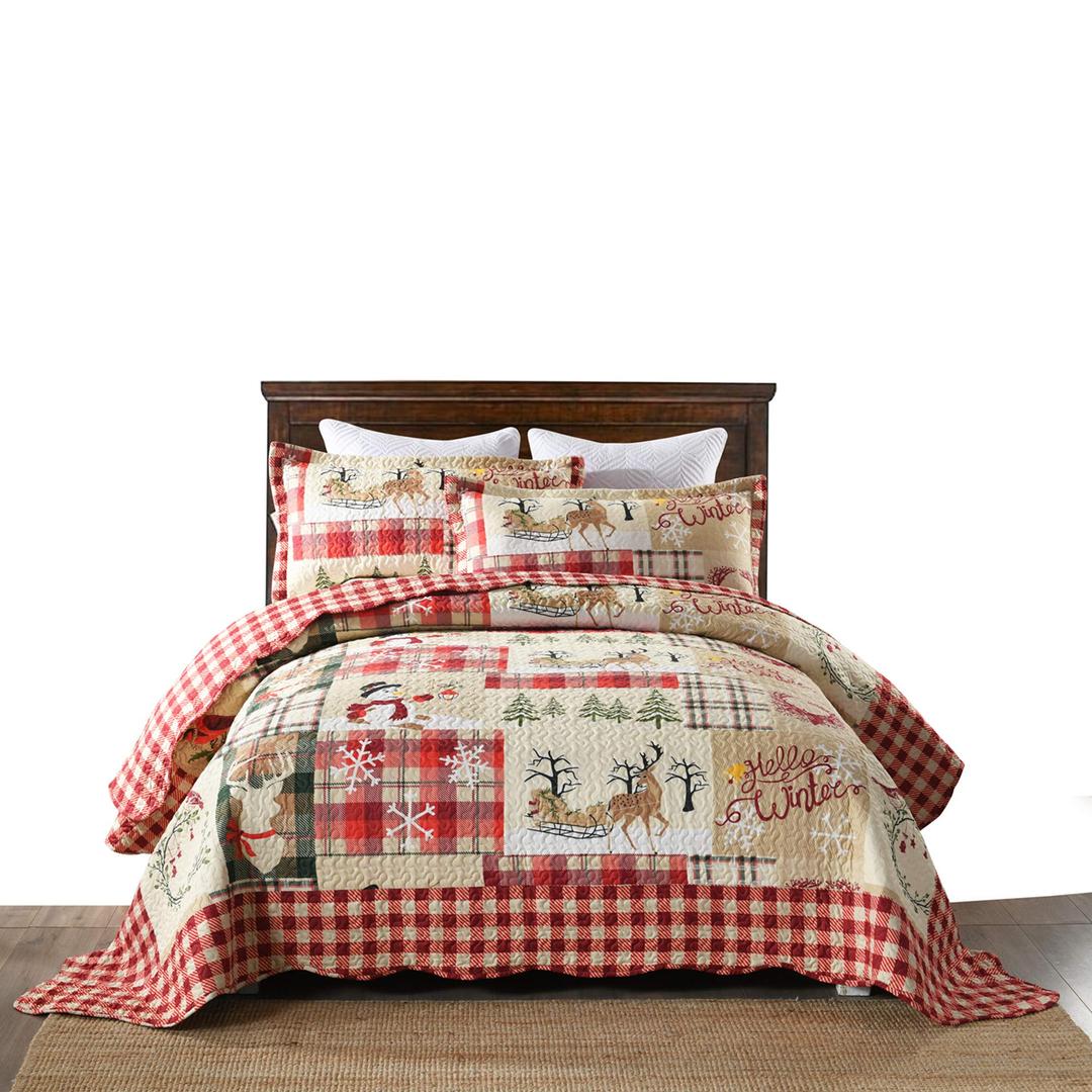 MarCielo 3 Piece Christmas Quilt Set, Rustic Lodge Deer Quilt Bedspread Throw Blanket Lightweight Bedspread Coverlet Comforter Set (Hello Winter, Queen)