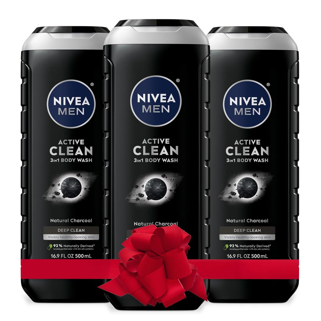 Nivea MenDEEP Active Clean Charcoal Body Wash, Exfoliating Body Wash for Men with Natural Charcoal, 3 Pack of 16.9 Fl Oz Bottles