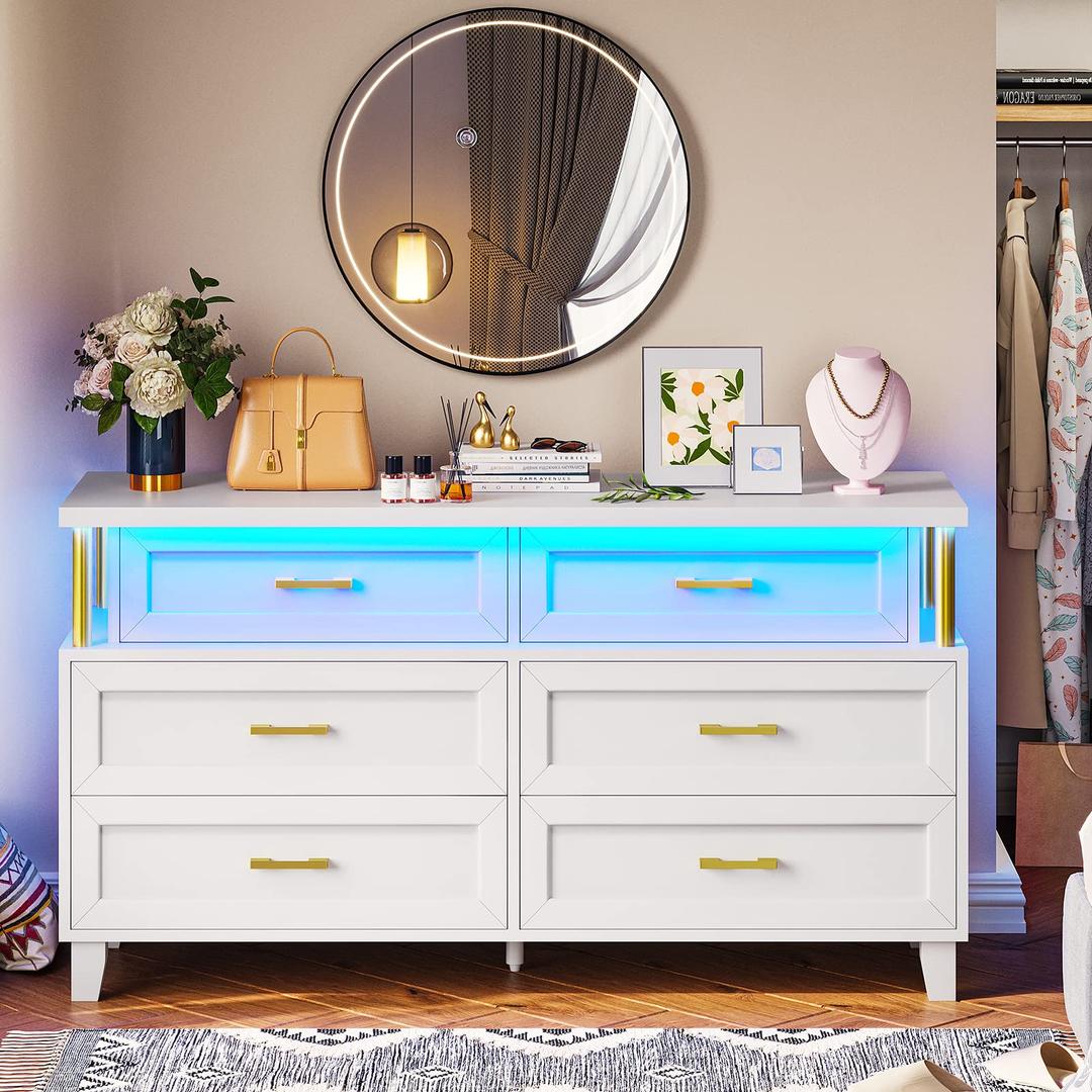 VIAGDO Dresser for Bedroom, 6 Drawer Dresser with LED Light, Modern Chest of Drawers, Wood White Dresser for Living Room, Entryway and Hallway