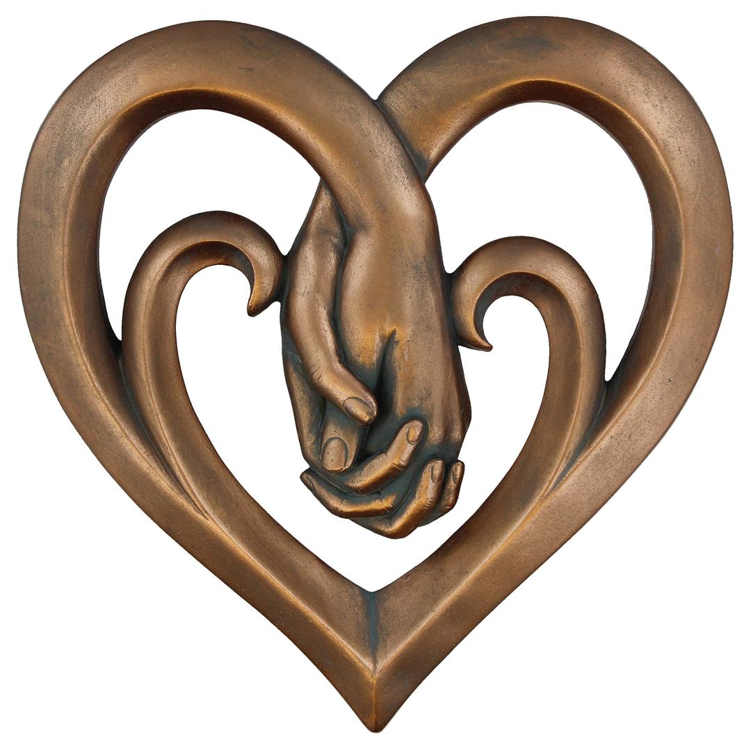 Top Brass Heart Holding Hands Wall Decor Decorative Art Sculpture - Copper Bronze Verdigris Finish - Forever Love