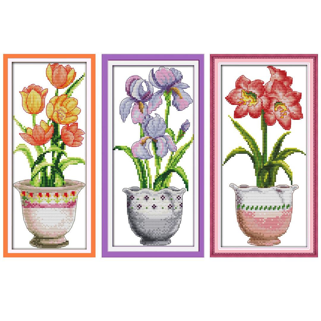 ITSTITCH Cross Stitch Kits for Adults 3 Pack Flowers Crossstitching Kits Preprinted 11CT Printed Cross Stitch Kits for Beginner Prestamped Easy Pattern Needlepoint Kits Crafts for Decor 7.5x15 inch