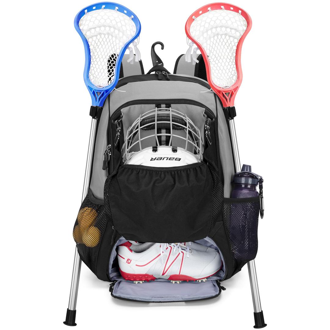 GOBUROS Lacrosse Bag, Lacrosse Equipment Backpack with Stick Holder & Hidden Zipper Net Holds All Lacrosse or Field Hockey Gears, Separate Ventilated Shoe Space Hold Up to US Mens 13