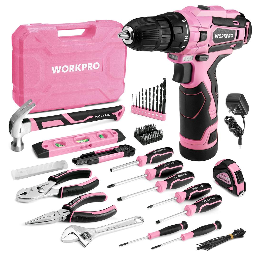 WORKPRO Pink Tool Set with Power Drill, 108PCS Portable Ladies Pink Drill Kit for Home with Toolbox and Pink Hammer, 1.5 Ah Cordless Drills with Keyless Chuck and Variable Speed Trigger - Pink Ribbon