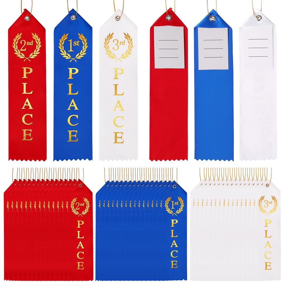 48PCS Award Ribbons, Medal Ribbons for 1st, 2nd, 3rd Place, Event Card & Rope Included, Perfect for Competitions, Sports Events, School Challenges, Vibrant Blue, Red, and White