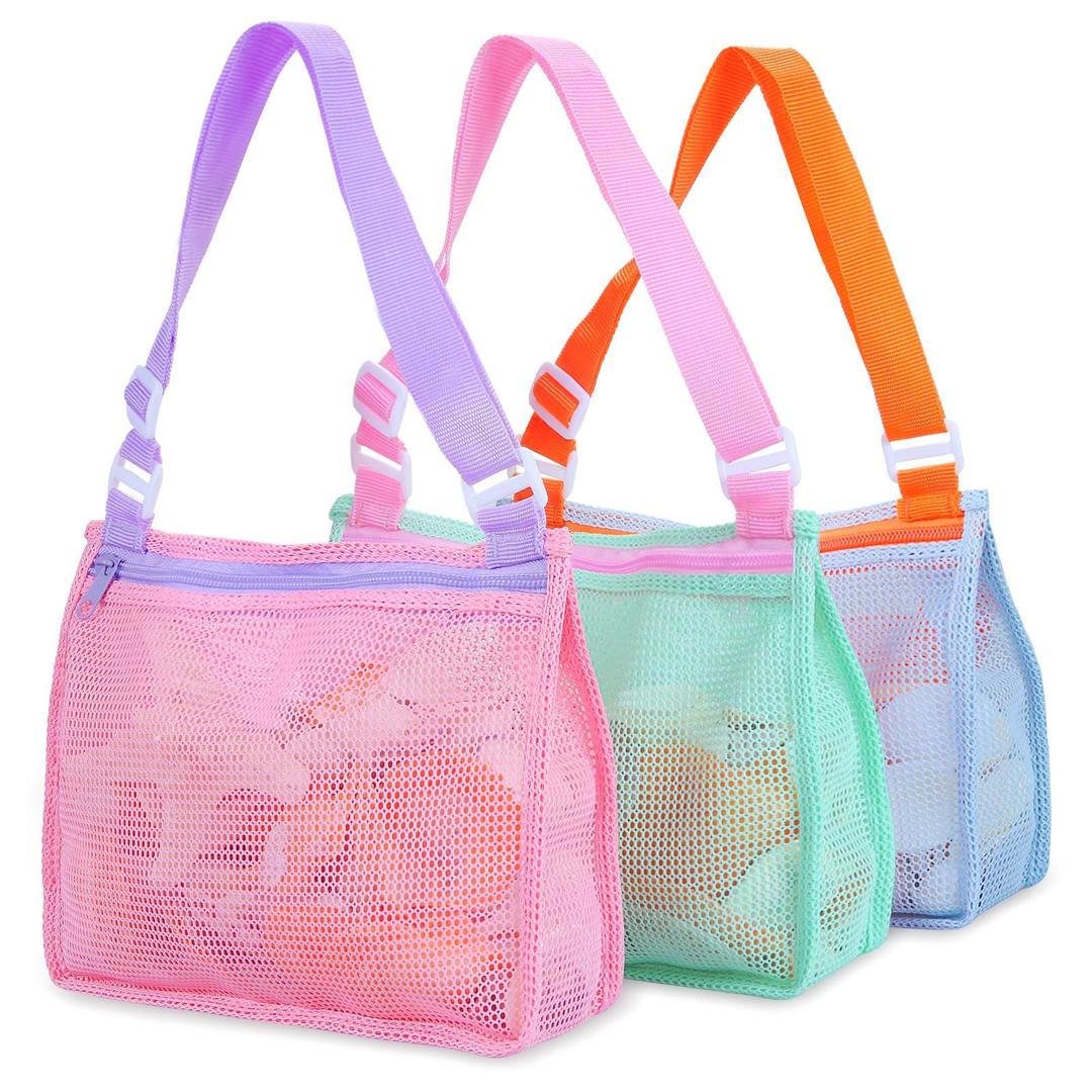 TagitaryBeach Toy Mesh Beach Bag Kids Shell Collecting Bag Beach Sand Toy Seashell Bag Swimming Accessories for Boys and Girls(Only Bags,A Set of 3)