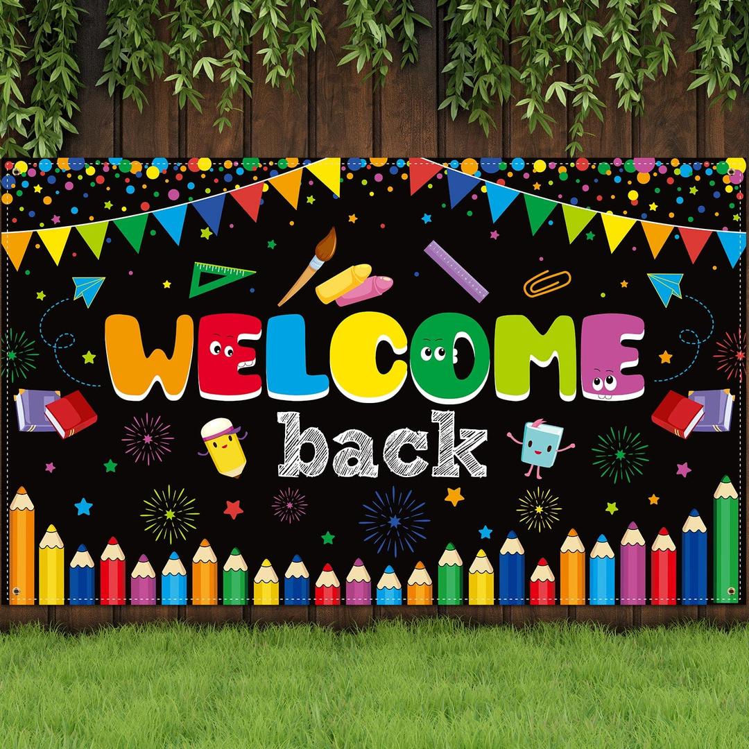 Welcome School Banner First Day of School Backdrop Banner Large Fabric Welcome Banner Poster Bulletin Board Flag Photo Booth Prop Wall Decoration for School Supplies, 72.8 x 43.3 Inch(Black)