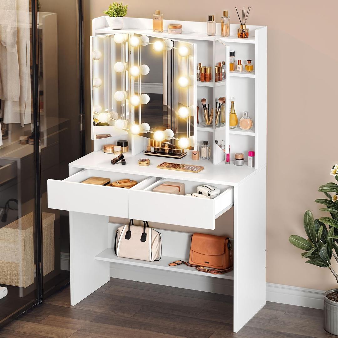 YITAHOME White Dressing Table with Mirror, Vanity Dressing Table with Lights Adjustable Brightness, Bedroom Dressing Tables with Drawers and Open Shelves, Makeup Table Vanity Desk