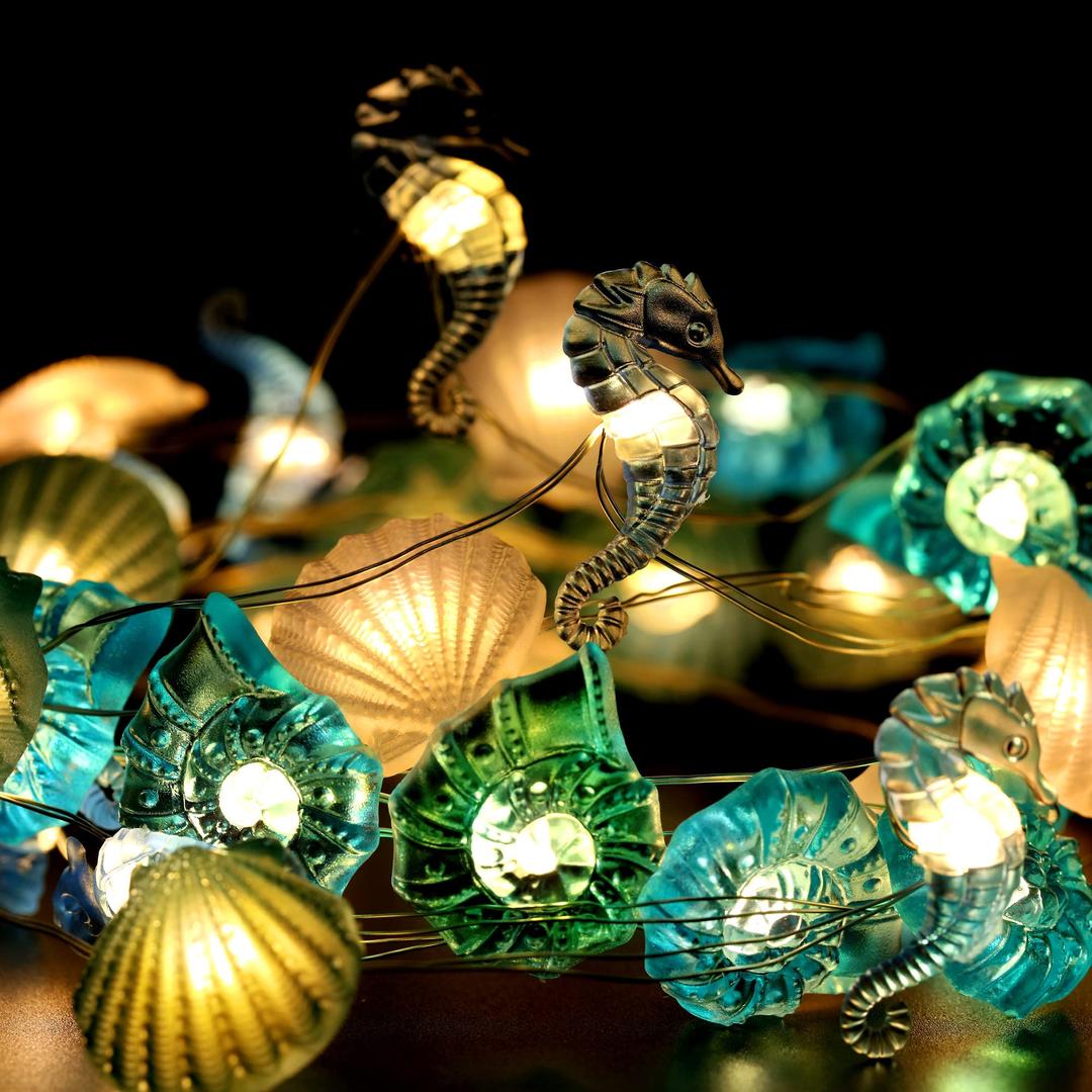 Beach Sea String Lights, Beach Ocean Nautical Theme Seashell Seahorse Decorative Lighting, 40 LEDs Battery Operated and USB for Valentine's Day Bedroom Christmas Wedding Party Decor Remote and Timer