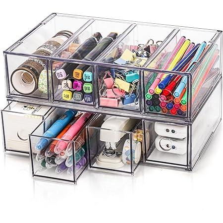 Mezchi 2 Pack Clear Pen Organizer with 8 Drawers, Stackable Desk Organizer, Dustproof Sunglasses Organizer, Drawer Organizer and Storage for School Supplies, Desktop Stationery, Art Crafts, Office