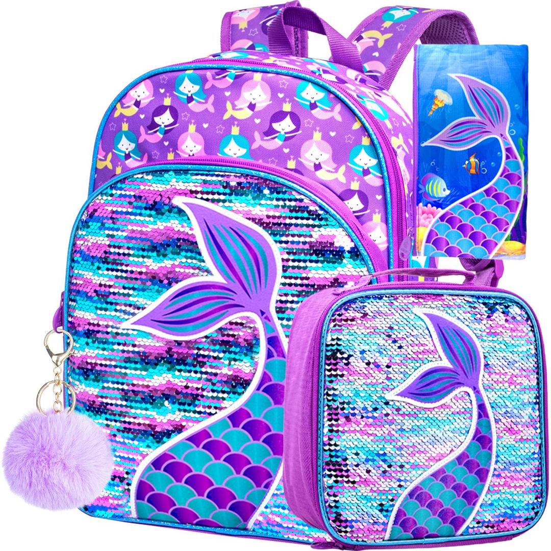 AGSDON 3PCS Kids Backpacks for Girls, 16" Little Kid Mermaid Sequin Preschool School Bookbag and Lunch Box