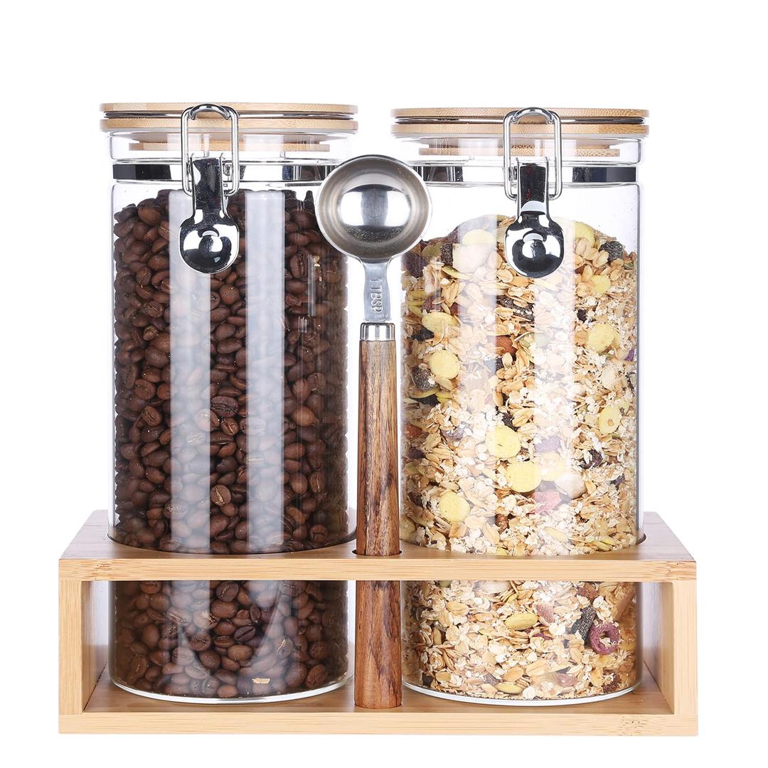 KKC Airtight Tall Glass Coffee Sugar Jar Canisters with Hinged Lids for Countertop,Tall Glass Storage Containers with Scoop for Coffee Grind,Oatmeal,Brown Sugar Flour Sealed Glass Jars,54 Fluid-oz