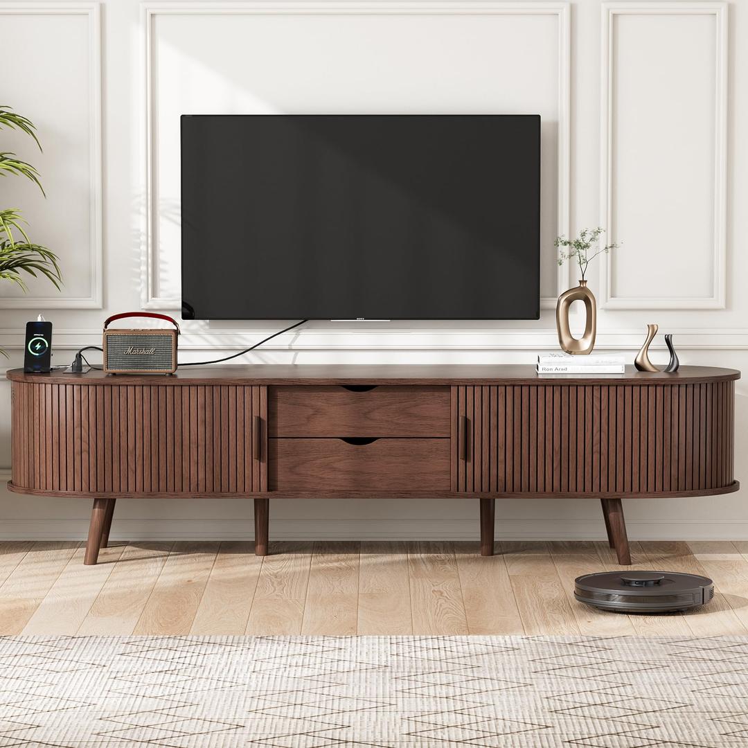 69" Mid Century Modern TV Stand with Charging Station, Farmhouse Curved Round Edge TV and Media Console Table with Drawer and Shelf, Fluted Entertainment Center for Living Room, Bedroom, Walnut