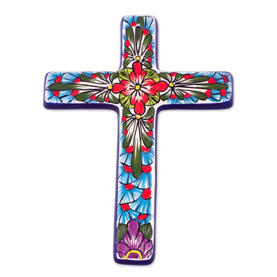 NOVICA Hand Painted Talavera Large Ceramic Wall Cross, Multicolor, 'Jerusalem Rose'