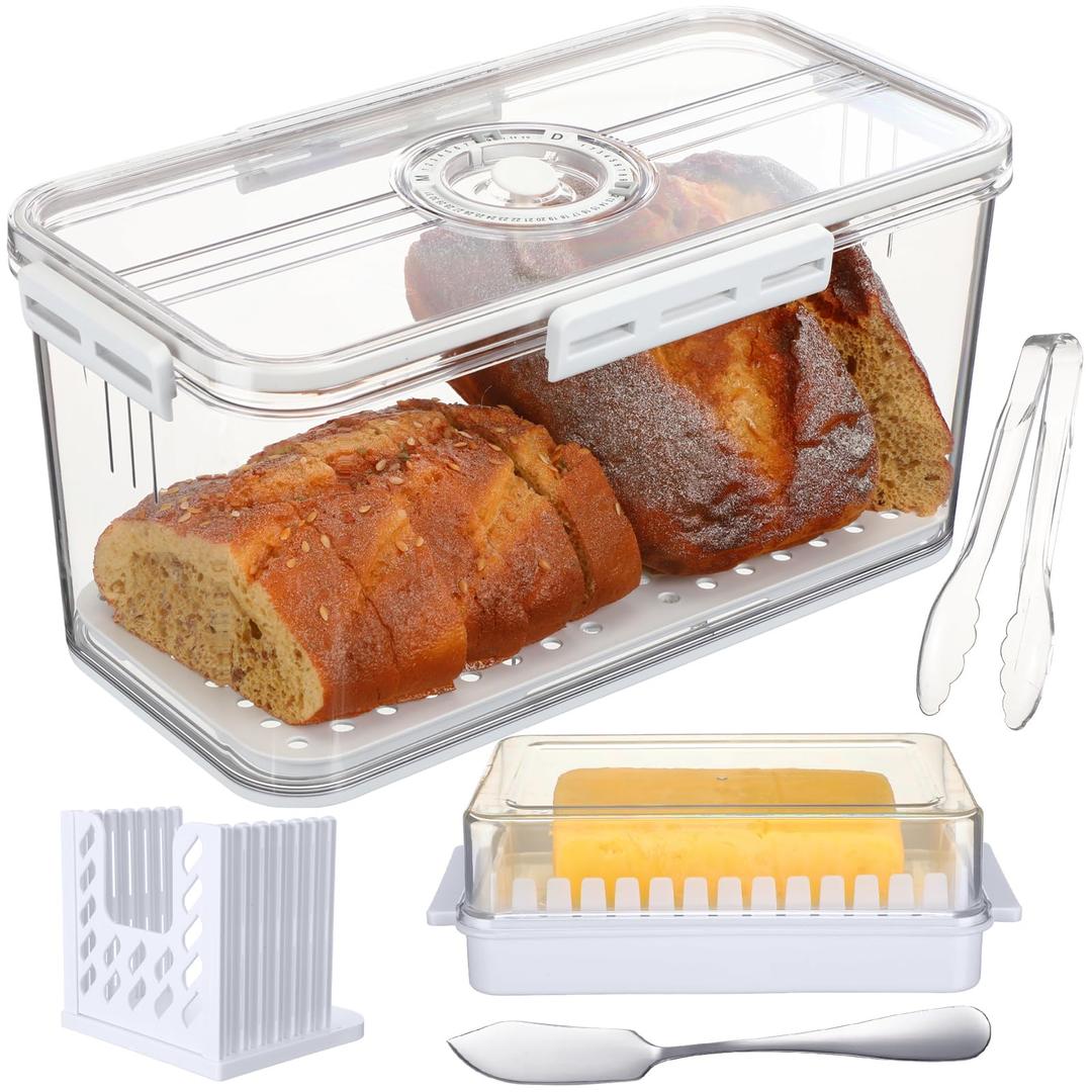 Airtight Bread Box for Kitchen Countertop Butter Dish with Lid and Knife Adjustable Toast Slicer with Tongs Bread Storage Container with Time Recording and Drainage Mat for Kitchen (White)