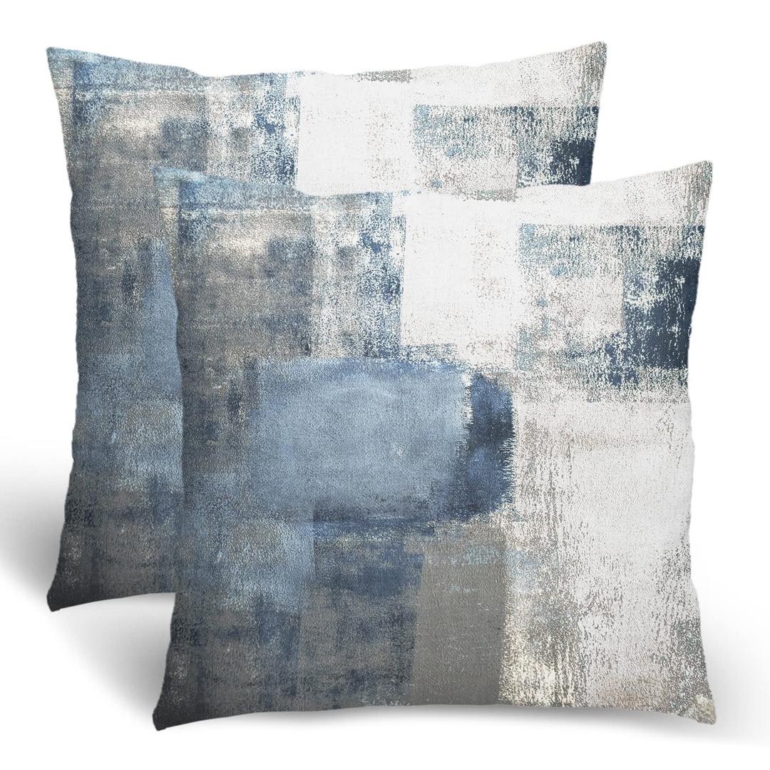 BETGINY Navy Blue Grey Throw Pillow Covers, Gray White Modern Abstract Art Painting Throw Pillows for Couch, Blue Pillow Covers 18x18 Inch 2 Pcs Square Cushion Cover Gift for Couch Sofa