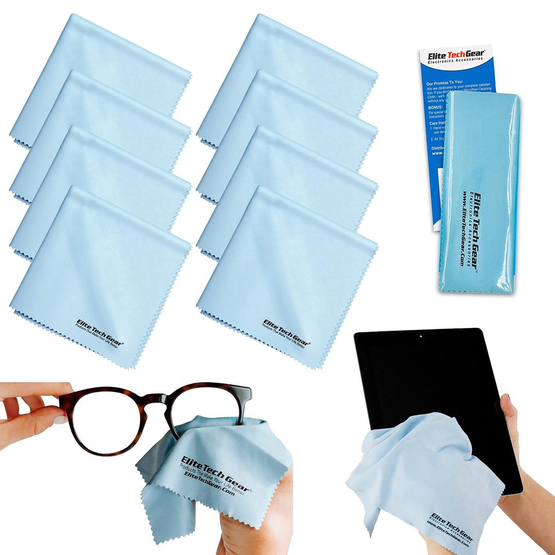 Elite Tech GearMicrofiber Cloth - 8-Pack, 12" x 12" Oversized Cleaning Cloths. Washable and Durable Microfiber Cleaning Cloth for Glasses, Lenses, Electronics and Screens. High Tech Quality Material