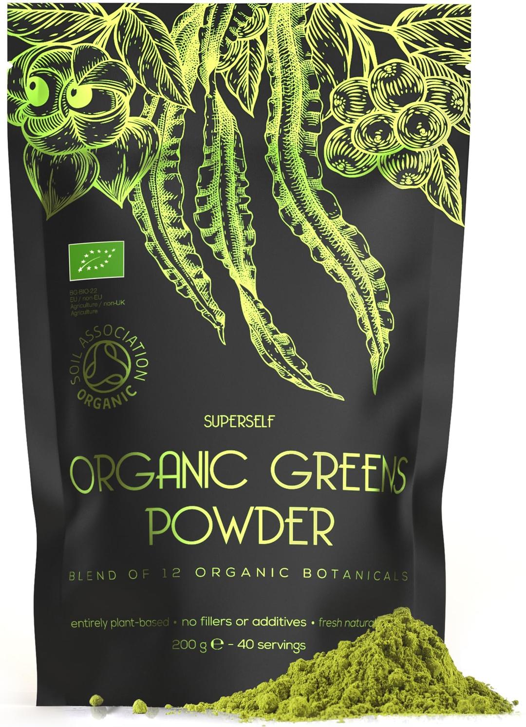 SuperSelf Organic Super Greens Powder - Daily Superfood Green Powder with Matcha, Spirulina, Wheatgrass, Chlorella, Acai - 40 Servings - 12 Supergreens High in Vitamins, Protein, Fibre - No Additives