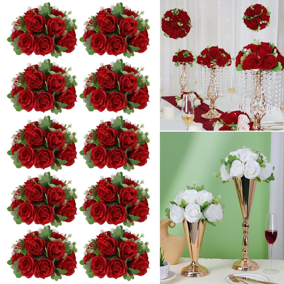 Artificial Flower Ball Wedding Centerpieces -10Pack Red Rose Silk Floral Half Ball - Faux Flower Balls Plastic Base for Event Table Arrangement Party Home Room Décor (Dia 10.6inch)