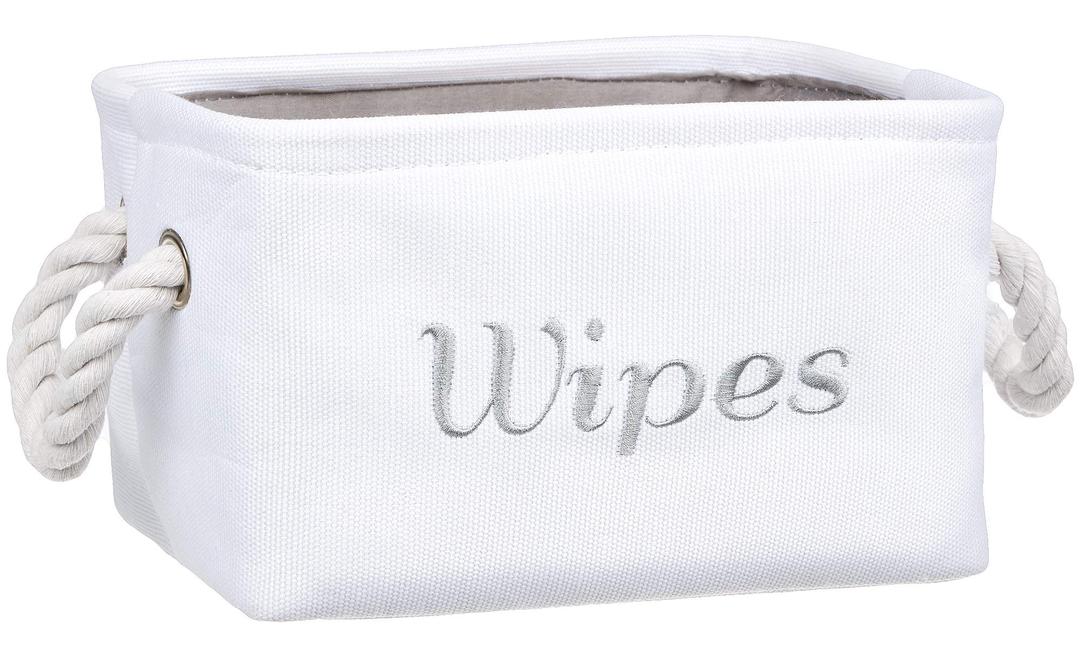 Wipe Holder, Storage & Organizer Bin for Nursery, Baby Boy or Girl, White Canvas Fabric Decorative Basket with Gray Embroidering.