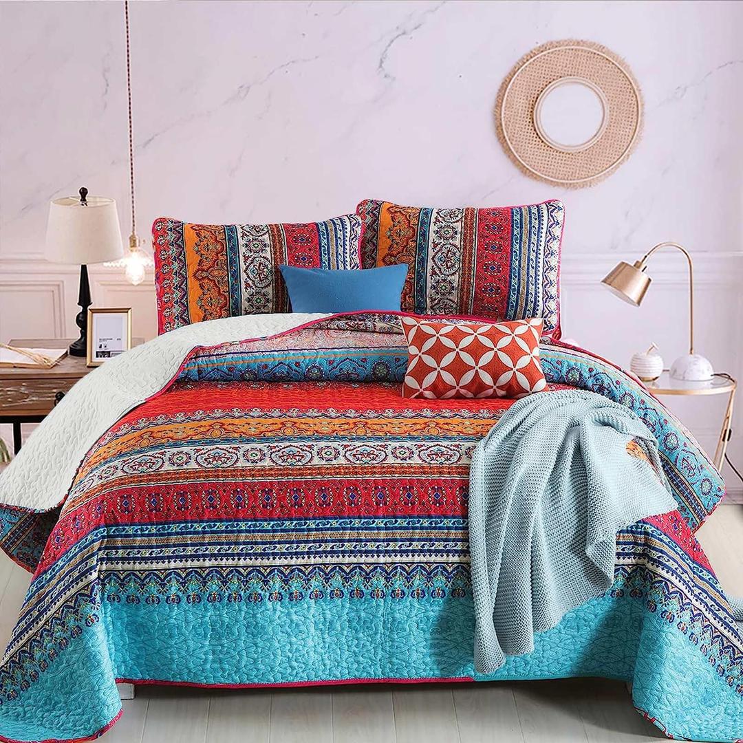 WONGS BEDDING Bohemian Quilt Set Queen Size, Boho Striped Pattern Bedspread Set for All Season, Microfiber Lightweight Coverlet Bedding Set 96"x90"(3 Pieces, Colorful)