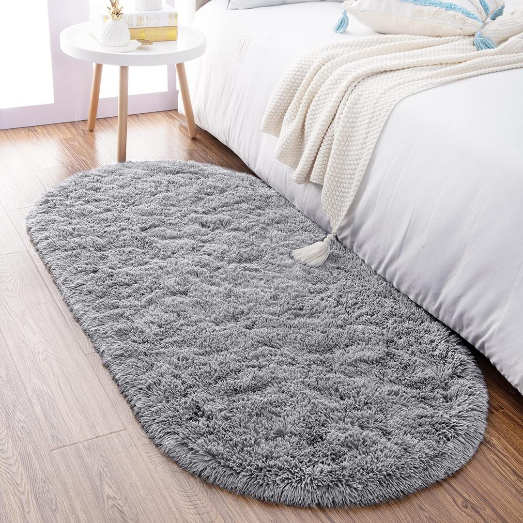 Noahas Ultra Soft Fluffy Bedroom Rugs,Shaggy Grey Area Rugs for Bedroom,Oval Throw Rugs, Kids Room Small Carpet,Living Room Runner Rug Non Slip Modern Home Decor 2.6' X 5.3'