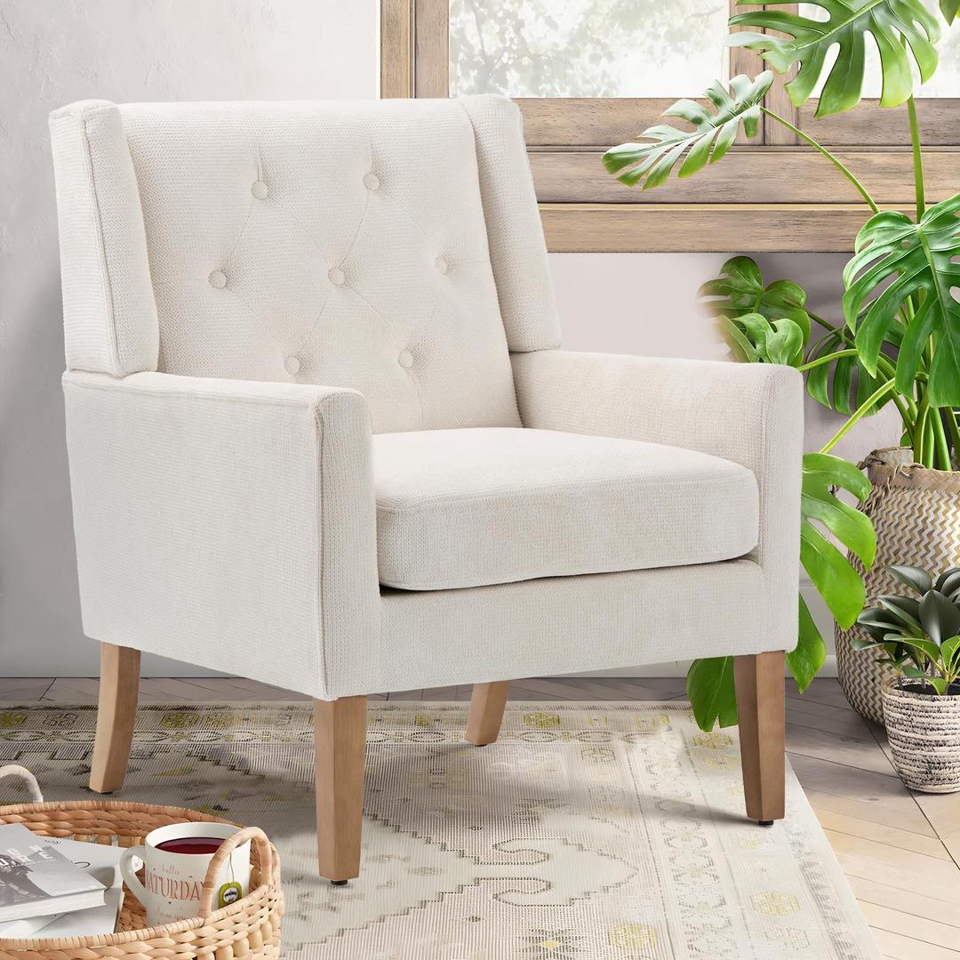 COLAMY Mid-Century Accent Chairs, Modern Wingback Living Room Chair, Upholstered Armchair with Button Tufted Back and Wood Legs for Bedroom/Office/Reading Spaces, Beige