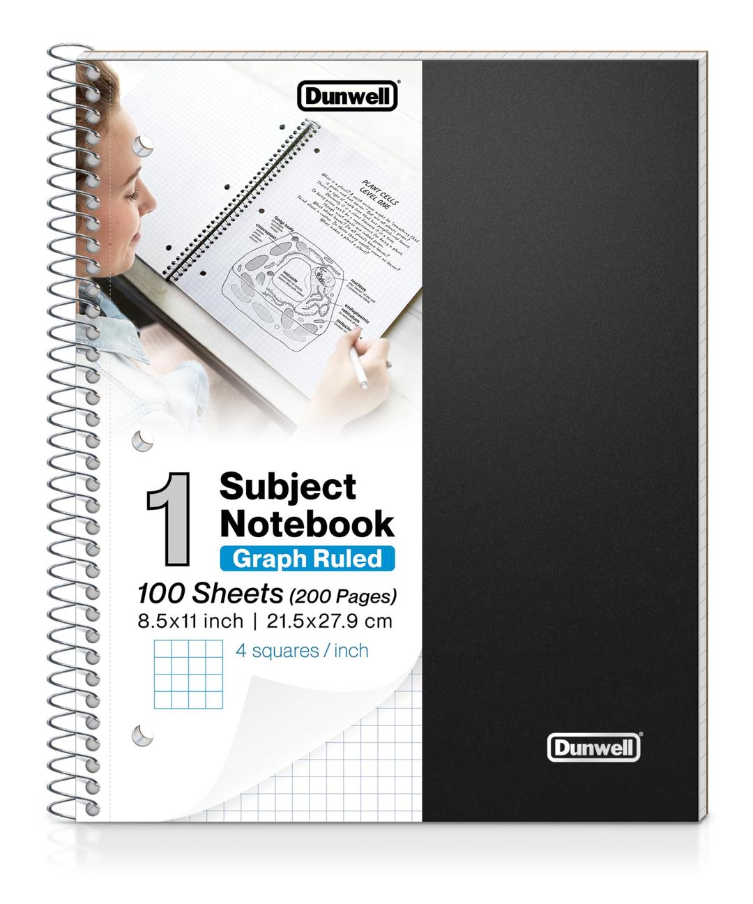 Dunwell Graph Paper Notebook 8.5 x 11 (Black) Plastic Cover, 100 Sheets, 1 Subject 4x4 Graph Ruled Notebook, Graph Paper Spiral Notebook, 1/4" Grid Graphing Notebook, Durable Poly Divider with Pockets