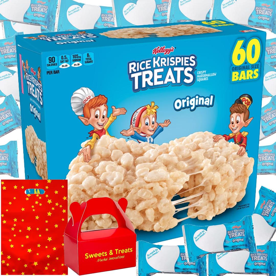 Rice Crispies Treats Mini Squares | Sweet Crispy Marshmallow Cereal Kids Snack Individually Wrapped | Birthday Classroom Party Gift Basket | Muchai Bag (60 Original Crispy Fun Size Bars)