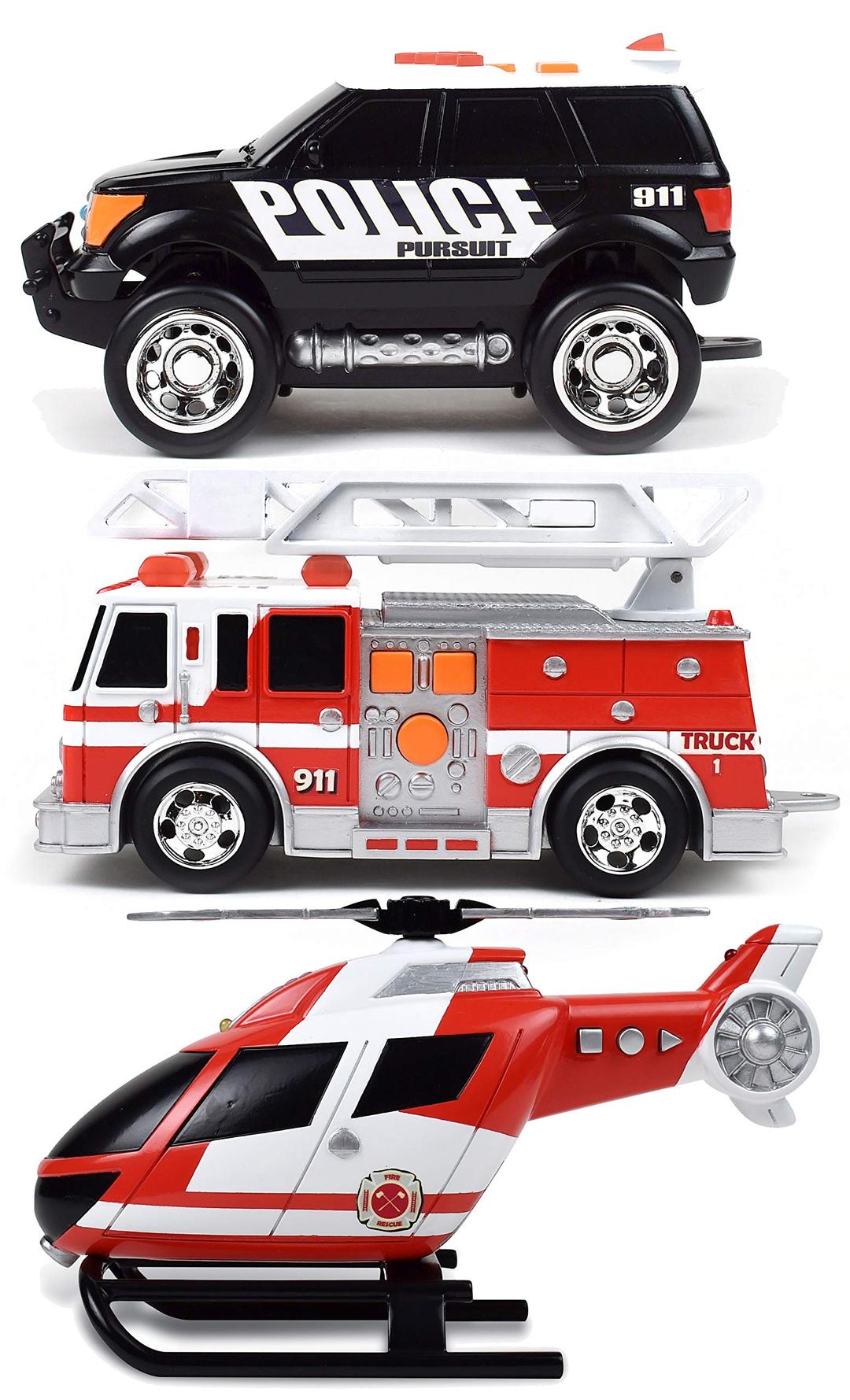 Sunny Days Entertainment Mini Rescue Vehicles 3 Pack – Lights and Sounds Pull Back Toy Vehicle with Friction Motor | Includes Police SUV Fire Truck and Helicopter – Maxx Action